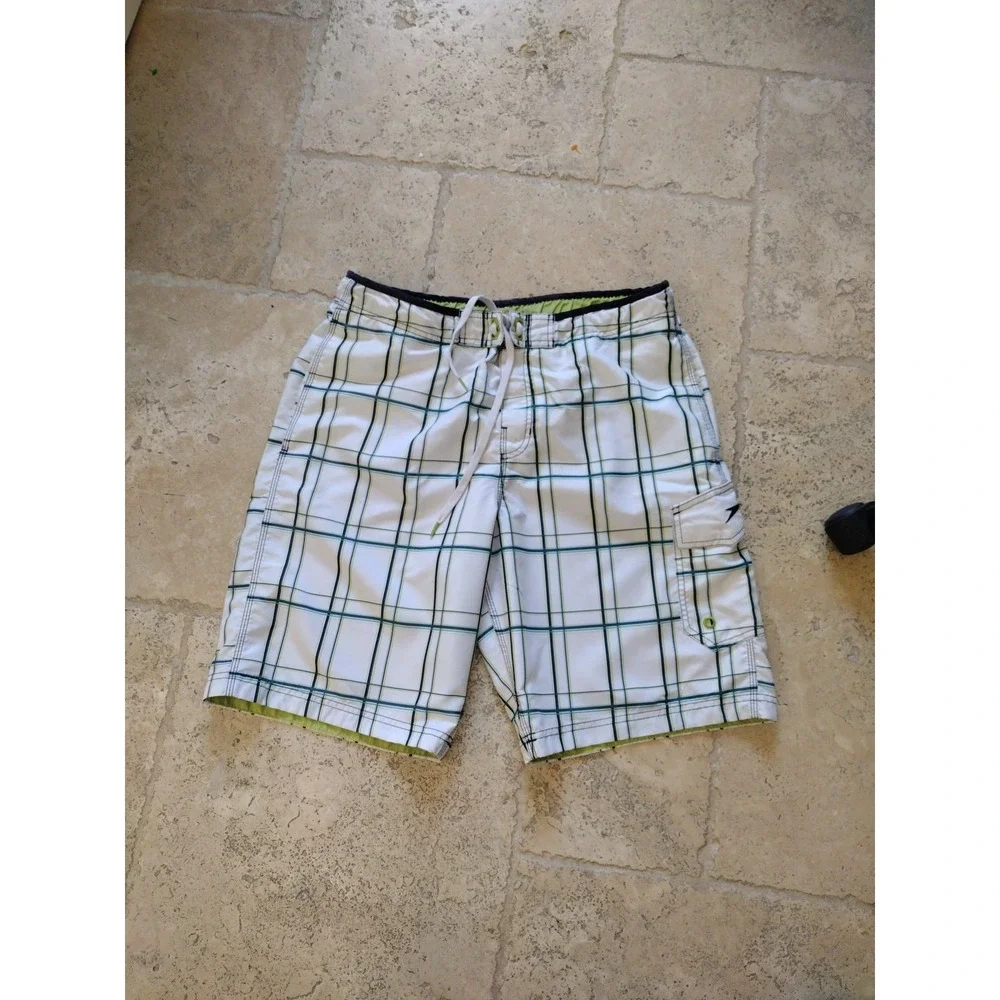 Speedo Swim Trunks Man Medium White Blue Green Plaid Boardshorts Mesh Lined Pool